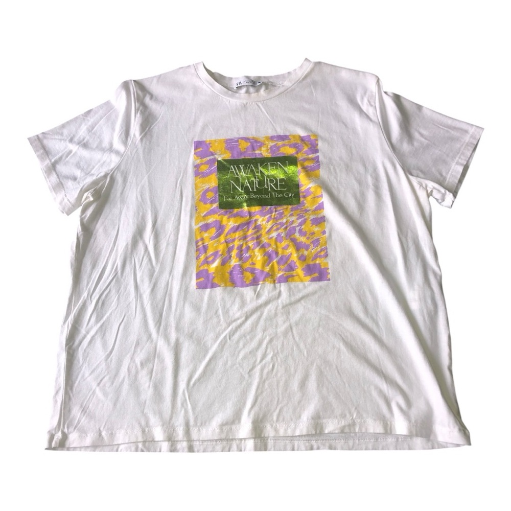 Zara White Tee with Purple and Yellow Graphic